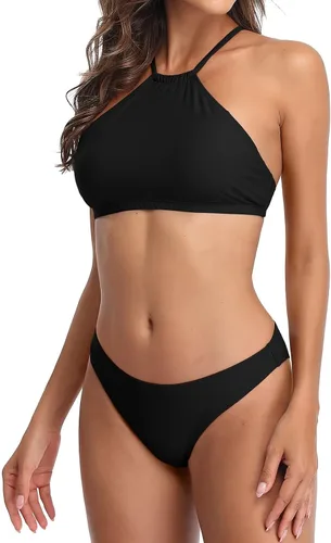 Vista 6 de beautyin - Bikini de cuello alto halter para mujer, diseño floral y a rayas, con espalda cruzada