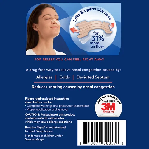 Vista 6 de Breathe Right Tiras nasales, extra fuerza, tiras nasales bronceadas, ayudan a detener los ronquidos, solución para ronquidos sin medicamentos