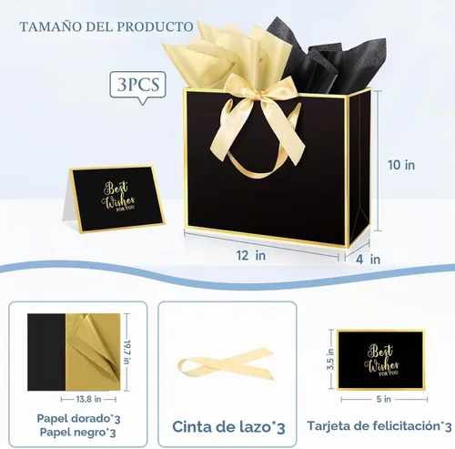 Vista 2 de Ethhqu Bolsas de regalo grandes con asas, 3 piezas negras con borde dorado