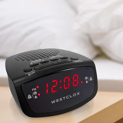 Vista 2 de Westclox Radio despertador dual de 0.6 pulgadas, pantalla LED roja, radio FM con 20 preajustes, brillo ajustable, repetición y batería de respaldo