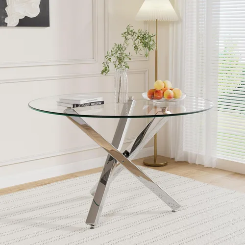 Vista 11 de Mesa de comedor redonda de vidrio para 2-3, parte superior de vidrio templado moderna, patas cromadas resistentes, almohadillas ajustables