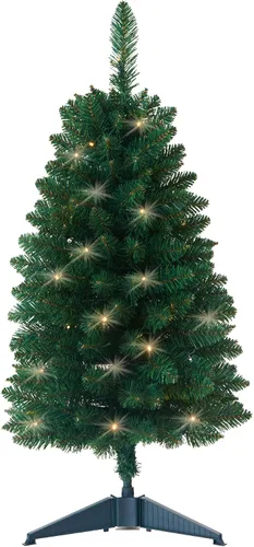 Vista 7 de Árbol de Navidad artificial preiluminado de 3 pies, funciona con pilas, árbol de Navidad de escritorio con 50 LED, 160 puntas de rama, mini Azul-gris
