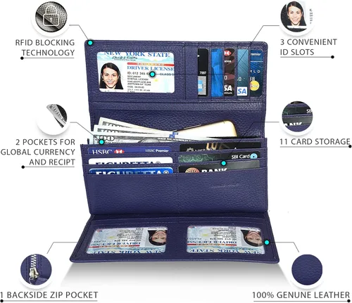 Vista 7 de Carteras de piel con bloqueo RFID, para cheques, con 11 ranuras para tarjetas, para mujer