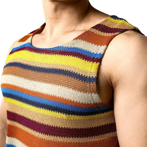 Vista 5 de JOGAL Camisas sin mangas a rayas arcoíris para hombre, camisetas sin mangas casuales multicolor