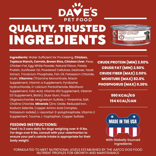 Vista 6 de Dave's Pet Food Soporte renal para perros (estofado de pollo y verduras) – Alimento enlatado húmedo bajo en fósforo y bajo en proteínas