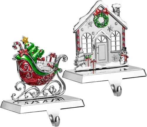 Vista 8 de GUOER Juego de 4 Soportes para Calcetines Navideños de Copo de Nieve para Repisa de Chimenea, Decoraciones Navideñas para Repisa de Chimenea