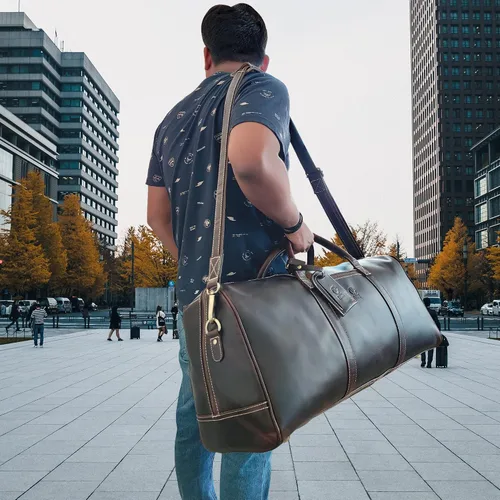 Vista 9 de Combo de bolsa de lona de cuero genuino y bolsa de aseo El mejor regalo de viaje masculino durante la noche para hombres Combo de bolsa de lona