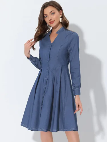 Vista 2 de Allegra K Vestido de cambray de manga larga plisado con cuello en V para mujer, M