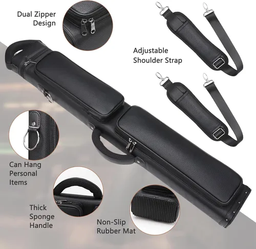 Vista 5 de Estuche para taco de billar de 3 x 5 – Funda rígida de piel sintética con doble correa para el hombro y 3 bolsillos, funda duradera para taco