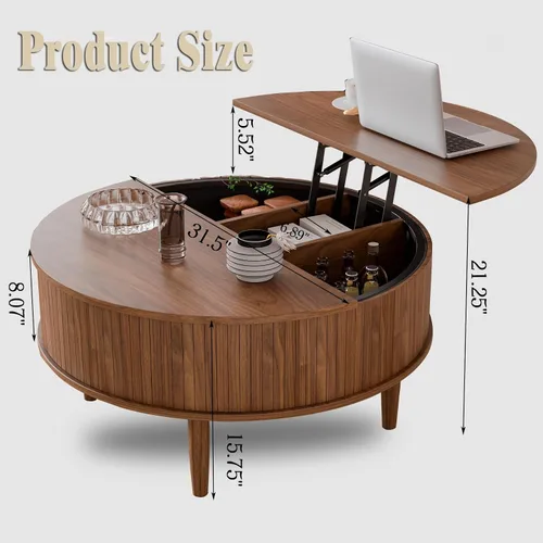 Vista 8 de Mesa de centro redonda acanalada con tapa elevable y almacenamiento, mesa de centro moderna de mediados de siglo para sala de estar, espacio pequeño
