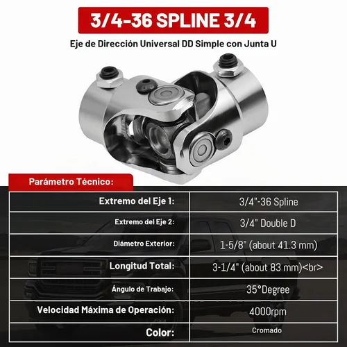 Vista 2 de 3/4-36 Spline X 3/4" DD Universal U Joint Endxedo Chrome Single Dirección Eje U-Joint 35° Grado Ángulo de trabajo máximo