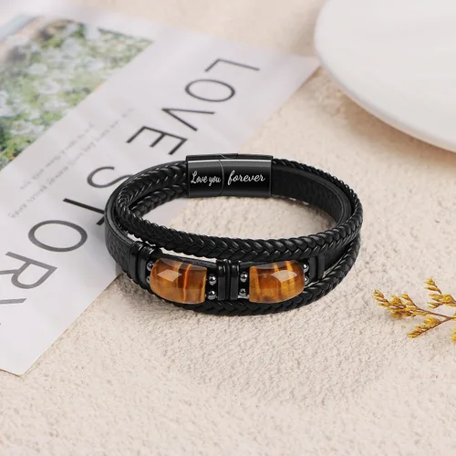 Vista 4 de JoycuFF Pulseras de cuero trenzado marrón para hombre, regalos para papá, novio, marido, hijo, nieto, hermano, para siempre, para el día del padre