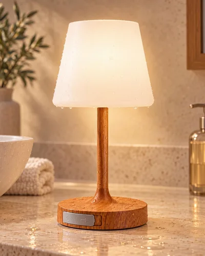 Vista 7 de GEEZO Lámpara de ducha IP55 impermeable, pequeña lámpara de mesa recargable inalámbrica de 5000 mAh, funciona con pilas, lámpara táctil regulable