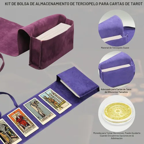 Vista 3 de El kit de 3 piezas de bolsa de tarot contiene caja de almacenamiento de cartas de tarot de terciopelo y moneda para tomar decisiones, bolsas de tela