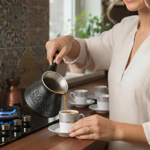 Vista 2 de BCS - Cafetera turca de cobre hecha a mano de 12 onzas, grabada a mano Cezve y cuchara