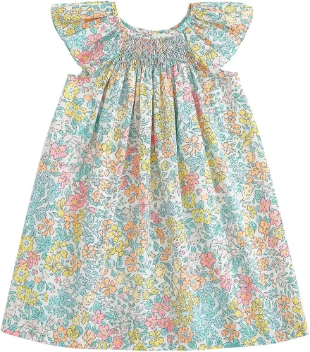 Vista 7 de Simplee kids Vestido casual para niñas pequeñas, vestido fruncido con estampado floral para primavera y verano de 1 a 6 años