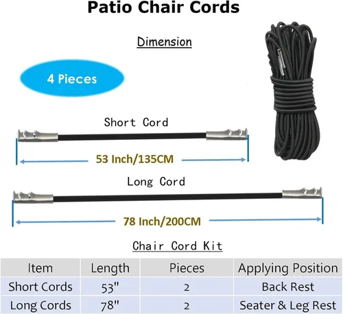 Vista 3 de Cable de repuesto para silla de gravedad cero, paquete de 4, cordón elástico para silla antigravedad, silla reclinable de patio, silla elástica