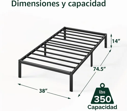 Vista 2 de Zinus Elias - Marco de cama de plataforma metálica de 14 pulgadas, soporte de acero, no necesita somier, fácil montaje, tamaño individual Negro