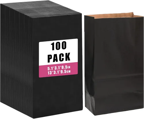 Vista 13 de qiqee Paquete de 26 bolsas de regalo negras con asas a granel de 8.3 x 3 x 6 pulgadas, bolsas de papel kraft de tamaño pequeño para fiestas