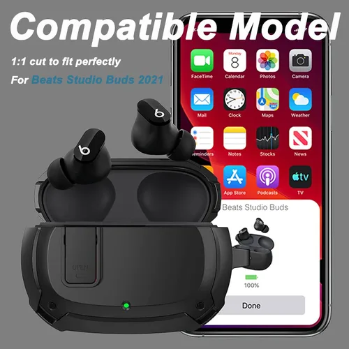 Vista 2 de Miimall Funda compatible con Beats Studio Buds, bloqueo seguro, llavero antipérdida, LED frontal visible, funda resistente militar de cuerpo Negro