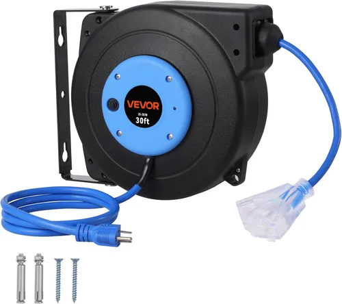 Vista 17 de VEVOR Carrete de cable de extensión retráctil, 30 pies, carrete de cable de alimentación retráctil resistente 16AWG/3C SJTOW con toma triple Rojo
