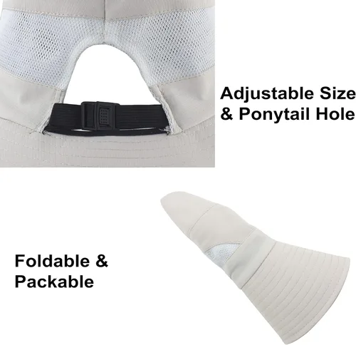 Vista 6 de Sombrero de verano para mujer, ala ancha, protección UV, plegable, para cola de caballo, para playa, pesca, senderismo Beige