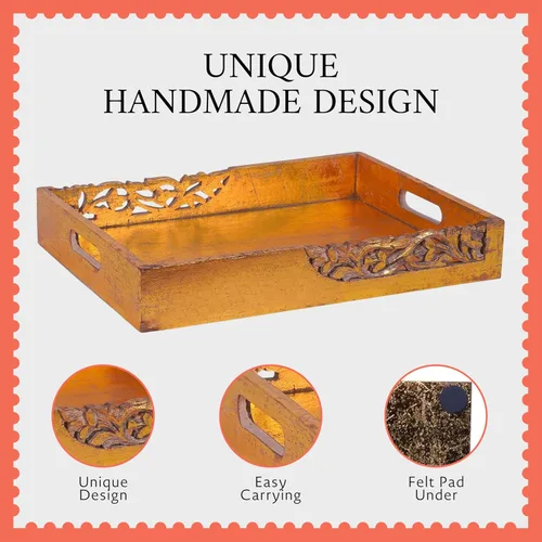 Vista 7 de Mela Artisans Bandeja para servir de madera de mango de 16 x 12 x 2.5 pulgadas con asas, dorado envejecido florecido, tabla de servir de madera