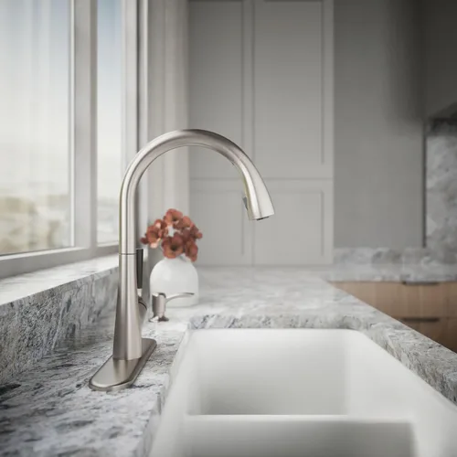 Vista 7 de Kohler K-R562-SD-VS Llave para cocina, funciona hacia abajo. Viene con despachador de jabón o loción. Hecha de inoxidable brilloso