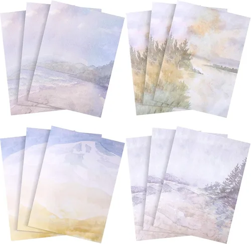 Vista 7 de 60 hojas de papel estacionario, 4 estilos de acuarela escénica, papel de escritura estacionario, papel de escritura de doble cara, 8.5 x 11 pulgadas