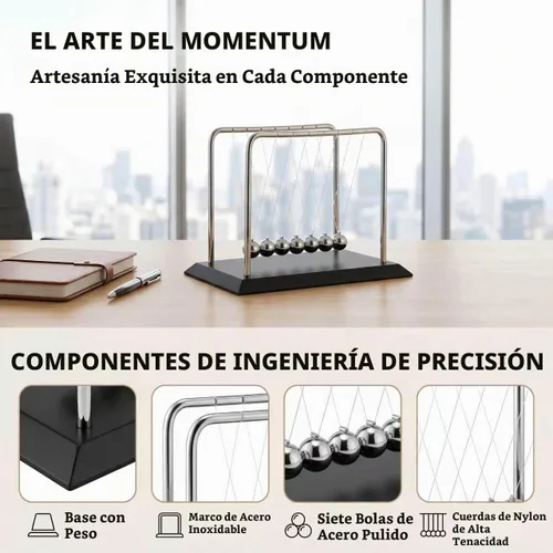 Vista 6 de Bolas de equilibrio grandes de Newton Cradle con 7 bolas de ciencia física, decoración de escritorio para oficina en casa