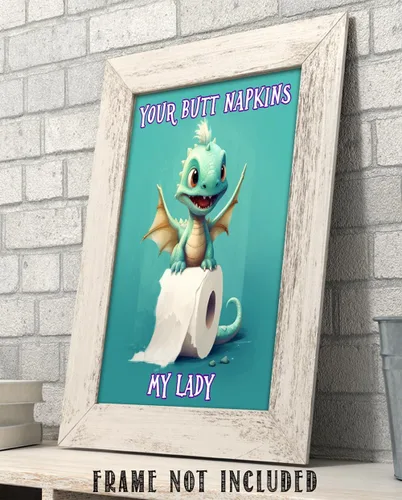 Vista 7 de Your Butt Napkins My Lady Adorable Baby Dragon Cartoon Holding a Roll of Toilet Paper - 11x14 Unframed Wall Art Print - Funny and Cute Bathroom