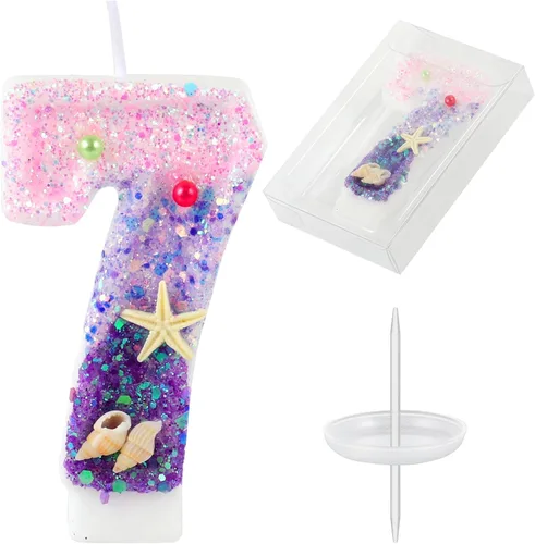 Vista 18 de Velas de cumpleaños, velas rosas y moradas del número 0 decoradas con caracolas, estrellas de mar y perlas para fiesta temática de sirena Morado