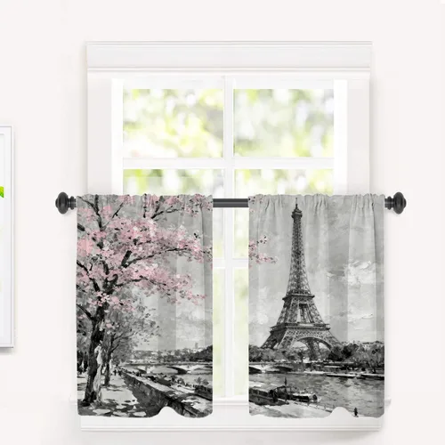 Vista 47 de Cortinas opacas de cocina con pintura al óleo de Europa rosa y negra para ventanas, cenefas opacas modernas de torre Eiffel de poliéster multicapa