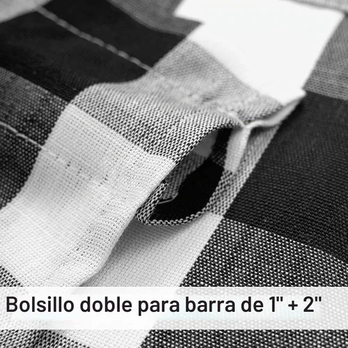 Vista 5 de Cortinas de cuadros blancos y negros con pompones, 45 pulgadas, semitransparentes a cuadros Blanco y negro
