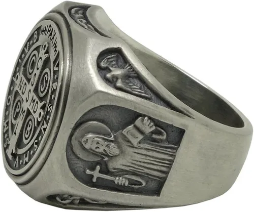 Vista 9 de Anillo de plata de ley 925 de San Benito para hombre, exorcismo católico cristiano, protección demoníaca