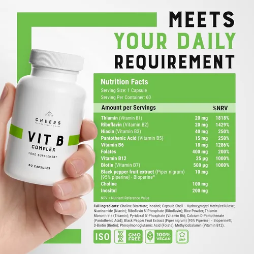 Vista 3 de CHEERS Suplemento de complejo de vitamina B 113.5 mg de vitaminas B completas con B1, B2, B3, B6, B12 Complejo B vegano de alta absorción