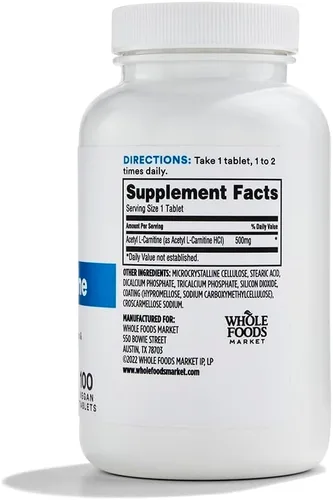 Vista 2 de Whole Foods Market, Acetil L-carnitina 500 mg, 100 ct