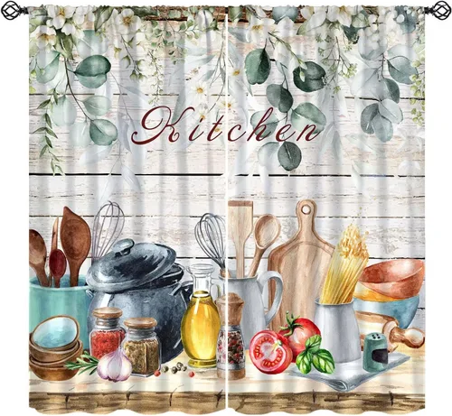 Vista 26 de Cortinas de chef para ventana, juego de 2 paneles para dormitorio y sala de estar, 42 x 45 pulgadas, a cuadros, cortinas temáticas de cocina