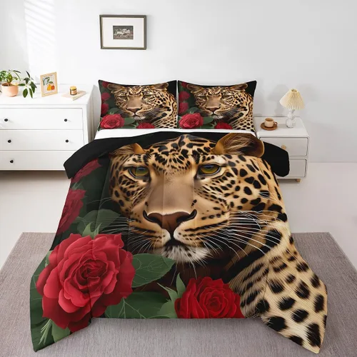 Vista 3 de Erosebridal Juego de ropa de cama de guepardo con rosa roja, juego de edredón con estampado de leopardo y gato, edredón romántico de plumón, Multi 03