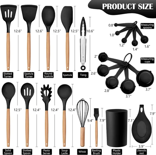 Vista 2 de Juego de utensilios de cocina HaWare, juego de espátulas de silicona de 23 piezas con soporte, utensilio de cocina con mango de madera resistente al
