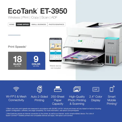 Vista 5 de Epson EcoTank ET-3950 Impresora inalámbrica a color todo en uno Supertank