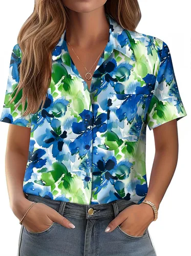 Vista 8 de Zeagoo Blusa de manga corta con botones para mujer, con bolsillo en el busto, para negocios, casual, para el trabajo, trajes de verano