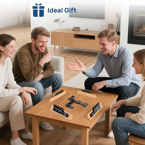 Vista 6 de Juego de dominós jumbo para adultos con 4 estantes/bandejas de madera, juego de dominós doble 6 para viajes con estuche portátil, juego de dominós
