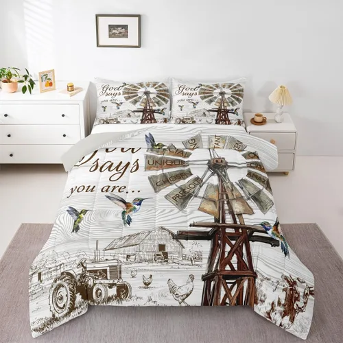 Vista 20 de Erosebridal Juego de edredón rústico de colibrí, juego de ropa de cama de molino de viento rústico para niños, adolescentes y adultos, relleno