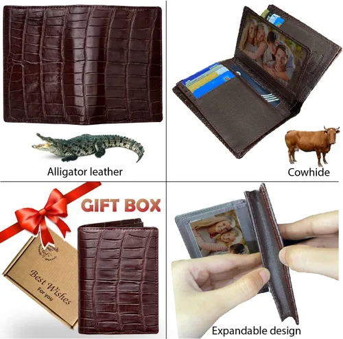 Vista 2 de Alligator Custom Bifold Leather Wallet Men Crocodile Hornback Bespoke Wallet RFID bloqueo doble cara regalo para él, Vertical-marrón oscuro, Vintage