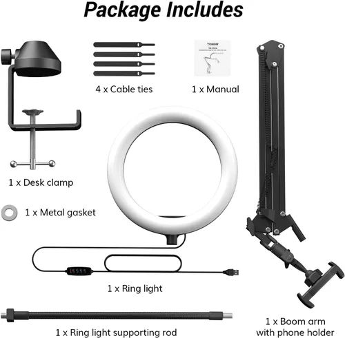 Vista 17 de TONOR Kit de luz de anillo superior, luz de anillo de 10 pulgadas con brazo de pluma Heayy Duty y soporte para teléfono, ángulo ajustable, adecuado
