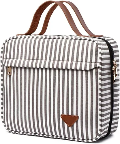 Vista 8 de Lmbabter Bolsa de maquillaje colgante de viaje, bolsa de aseo impermeable, gran almacenamiento para viajes, baño, mujeres y hombres, Negro-blanco