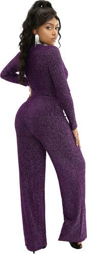 Vista 3 de LightlyKiss Women Casual V Neck Sparkly Jumpsuits Long Sleeve Onesie Loose Pants Party Clubwear with Belt