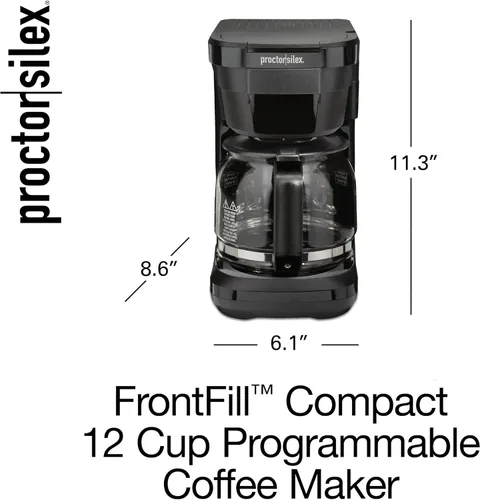Vista 9 de Proctor Silex FrontFill - Cafetera de goteo, digital y programable, jarra de vidrio de 12 tazas, color negro y plateado (43685PS) Jarra de vidrio