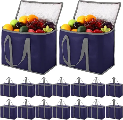 Vista 14 de Kenning 8 piezas de bolsas de compra grandes aisladas reutilizables con cremallera resistente y asas, bolsas de transporte enfriadoras plegables